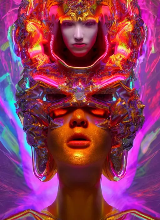 Prompt: hyper detailed ultra sharp portrait of baroque and bladerunner delicate neon ruby sculpture of seductive albino primce royce tigers orange iridescent humanoid deity wearing metallic hoody made out of leaves holding the sun prismatic dungeon, glowing rainbow face, crown of white diamonds, cinematic lighting, photorealistic, octane render 8 k depth of field 3 d