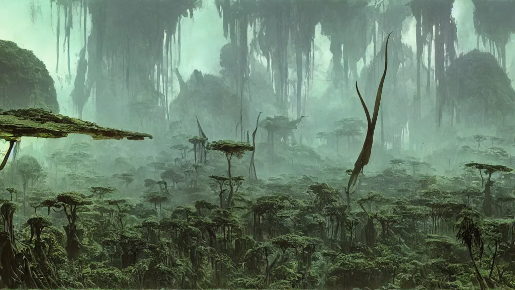 Image similar to otherworldly atmosphere of an alien jungle planet by arthur haas and bruce pennington and john schoenherr, cinematic matte painting