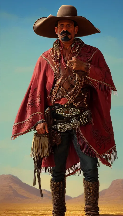 Image similar to ferocious bandido leader full body portrait, forajido cowboy, stern look, late xix century red and carmesi gaucho style, ornate poncho, steppe background, highly detailed, digital painting, character design, artstation, concept art, art by Artgerm, Greg Rutkowski, Craig Mullins, Stanley Artgerm Lau, WLOP, Ross tran, James Jean, red dead redemption, magic the gathering, digital art - W 640