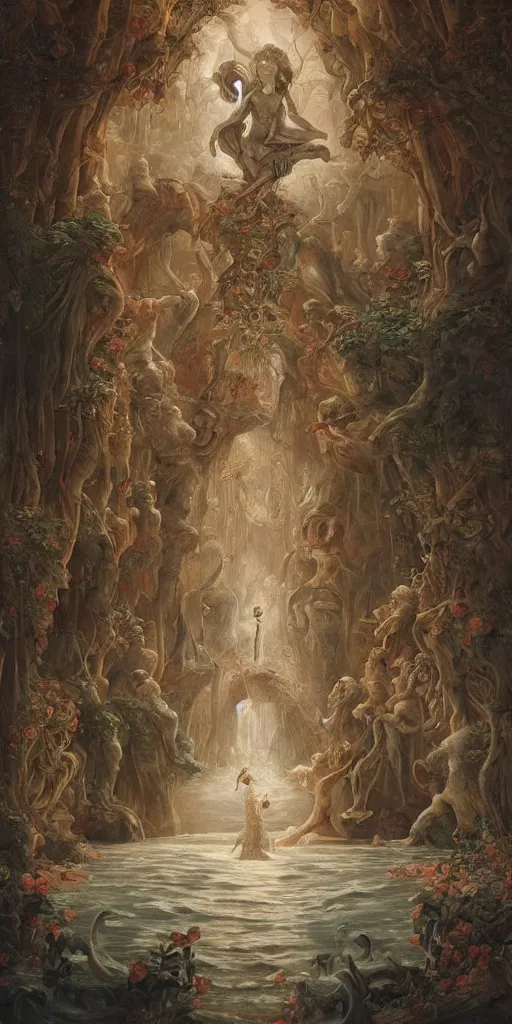 Image similar to a stunning and noble highly detailed romantic period style painting of the place where gods come into being by james jean, josep tapiro baro and harles sillem lidderdale, trending on artstation, oil painting masterpiece, symmetry, rule of thirds, mysterious