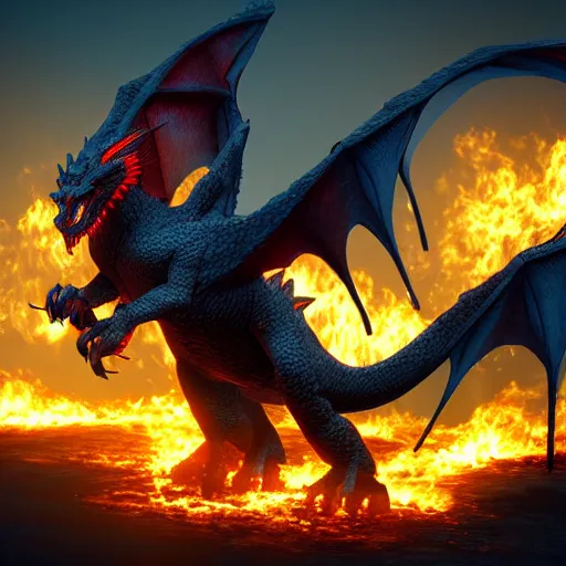 Image similar to breathtaking and majestic powerful dragon with spread wings surrounded by fire, 3d render, concept art, 8k, ultra detail