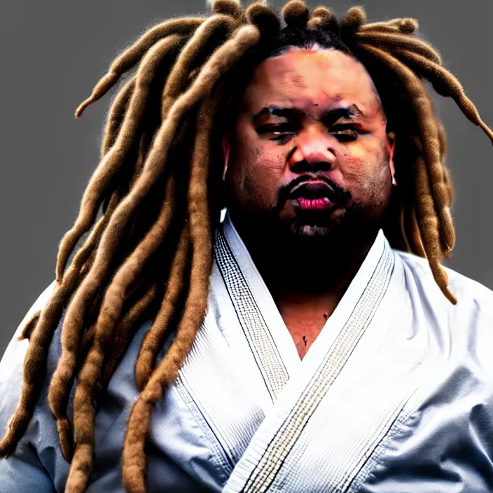 Prompt: hyperrealistic mixed media portrait of an overweight black man with dreads wearing a gi, doing martial arts, 8 k octane beautifully detailed render, post - processing, extremely hyperdetailed, trending on artstation