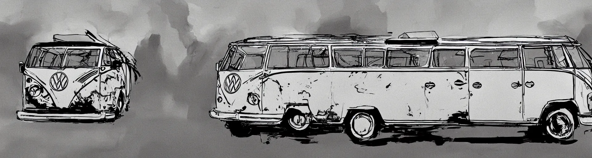 Image similar to a side view vw bus on a street, illustration by ashley wood