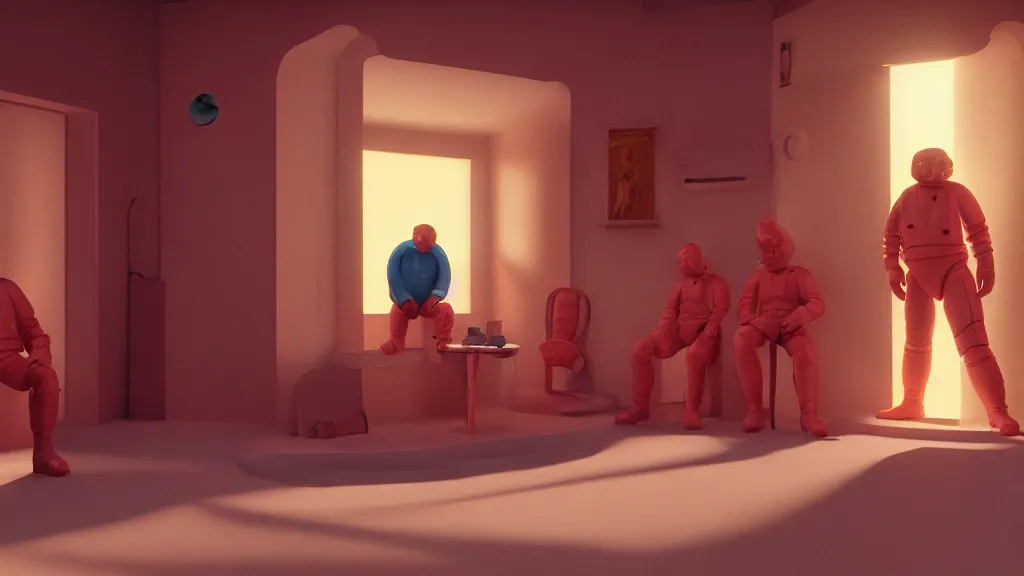 Prompt: colour comedy - sitcom scene from duna ( 2 0 2 1 ) by denis villeneuve and alejandro jodorowsky style highly detailed faces many details by andrei tarkovsky and caravaggio in sci - fi style volumetric natural light rendered in blender and octane render