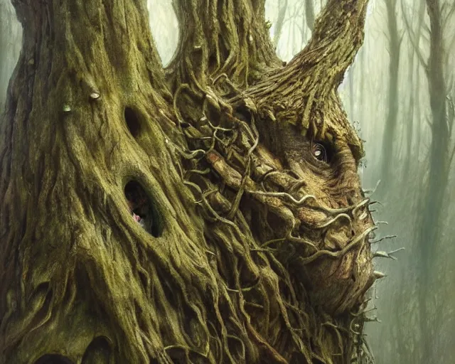 Prompt: a talking tree, a face in the bark, nose made of wood, mouth in the bark, eyes in the bark, fantasy concept art, digital oil painting, hyperrealistic, treebeard, ent, magical, highly detailed, artstation, cgsociety, in the forest, by alan lee, by artgerm