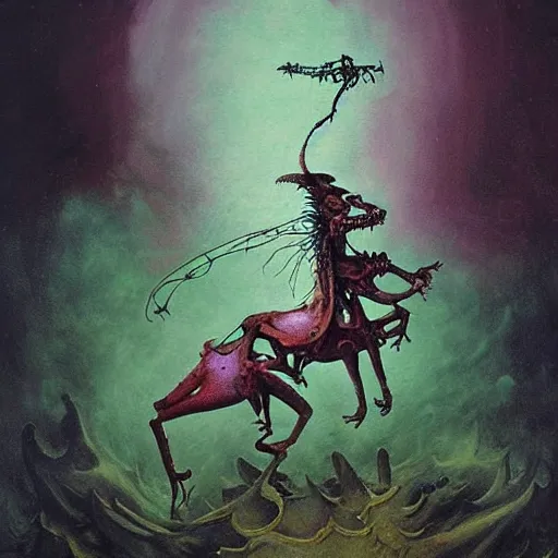 Image similar to muppet frog horseman riding a glowing baroque unicorn skeleton, foggy night, in style of tarot card, painting by beksinski, part by adrian ghenie and neo rauch, in color palette of francis bacon, eerie, mystical, sublime