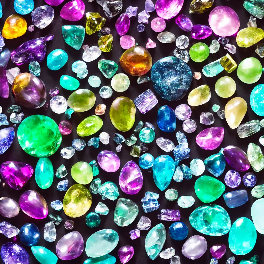 Image similar to collection of alien gemstones with levitating properties, professional studio photography, white backdrop, light refraction, chromatic aberration, bokeh,