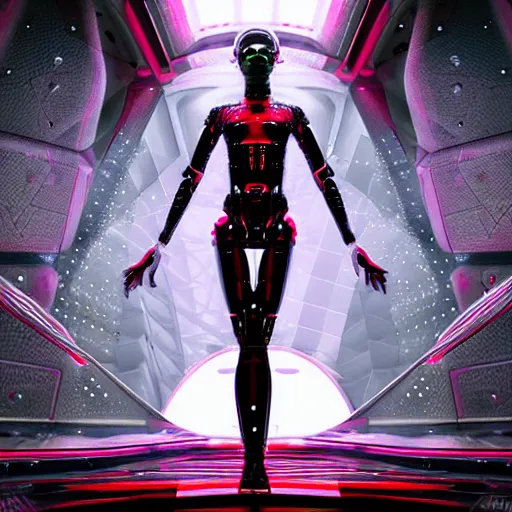 Prompt: ultra realist soft painting render of the inside of a futuristic nightclub, beautiful cyberwear armored cyborg dancer, symmetry accurate features, very intricate details, black white red purple color palette, masterpiece award winning, cinematic lighting, focus, tom bagshaw artstyle