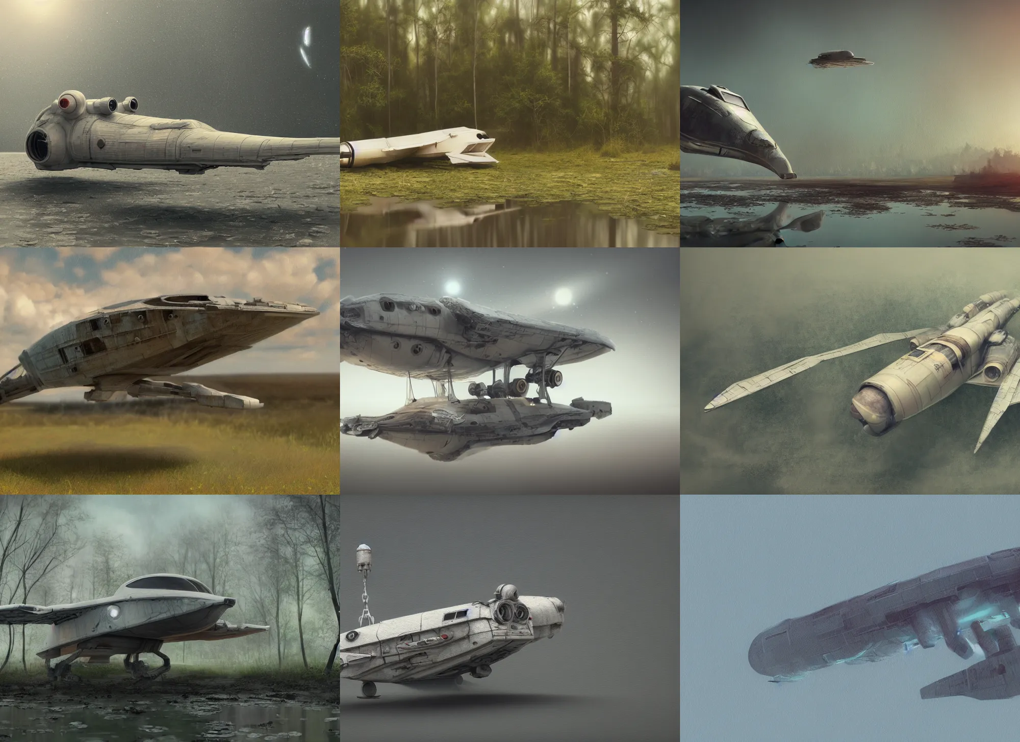 Prompt: soft focus semi-realistic painting of a cute damaged spaceship with landing gear down landing on a swamp, octane render, 4K, micro details