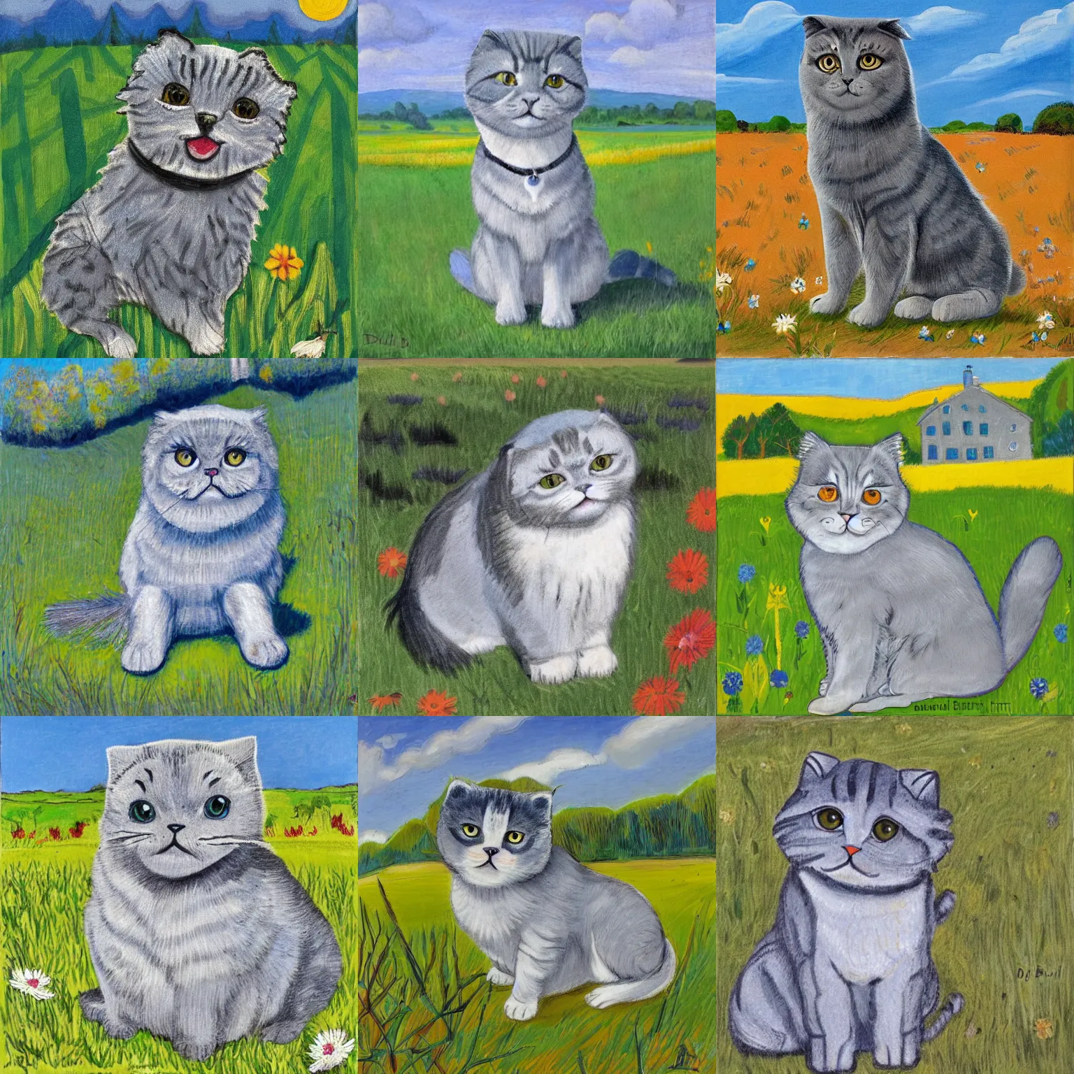 Prompt: a gray scottish fold sitting in the middle of sunny meadow, by david burliuk