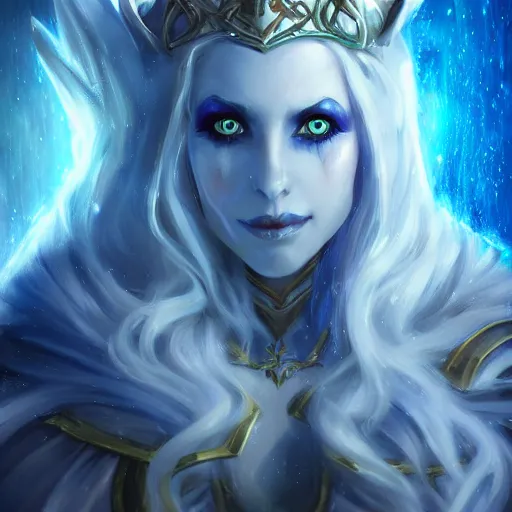 Prompt: concept art of jaina proudmoore as lich queen, world of warcraft, fantasy, hyper realistic, trending on artstation