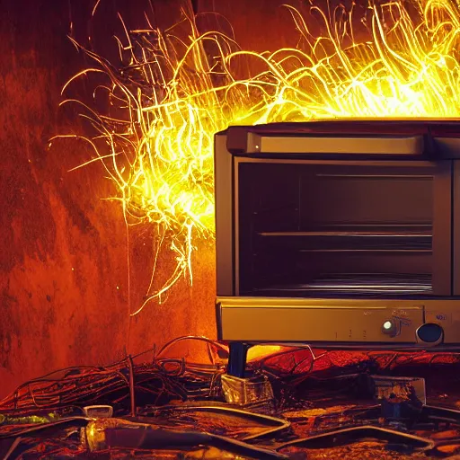 Image similar to toaster oven hangig by metallic cables, symmetry, dark messy smoke - filled cluttered workshop, dark, dramatic lighting, orange tint, sparks, cinematic, highly detailed, sci - fi, futuristic, movie still