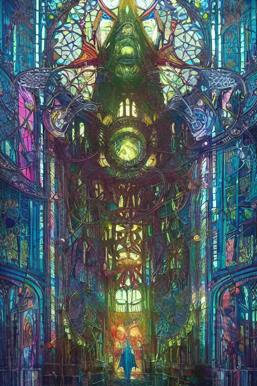Prompt: cityscape made out of stained glass, horror, lovecraftian, photorealistic, unreal engine 5, art nouveau, bright colors, strong colours, deep shadows, intricate, symmetrical, highly detailed, elegant, sun shining through, sharp focus, art by tom bagshaw, and quentin mabille, artstation