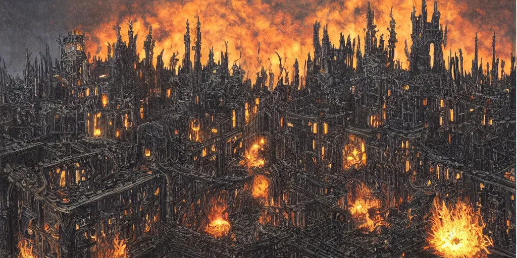 Prompt: Chained fantasy city in hell, by Carl Laubin, with blackened steel chains rising to the sky and castles. Dramatically lit, with intricate details and colours of flame and smoke