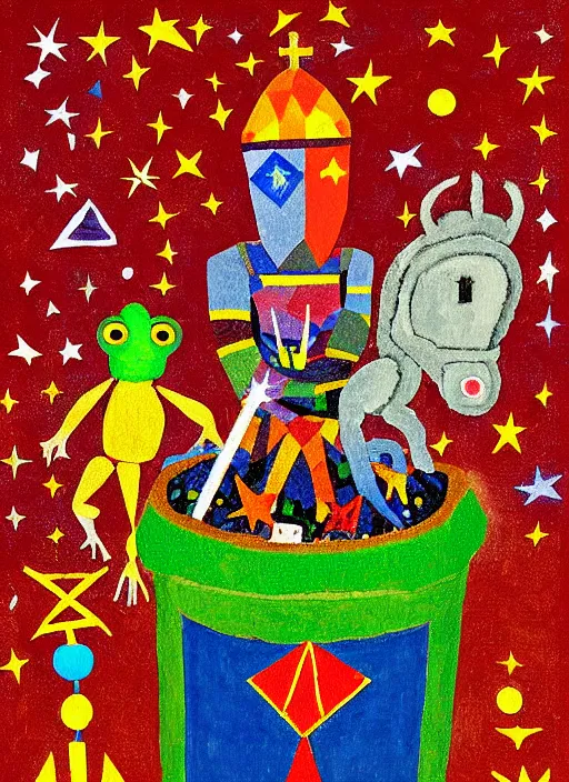 Image similar to pixel decollage painting tarot fool card composition trash can toter with red maggot bear and wonky alien frog knight on a horse in a dark red cloudy night sky with golden foil jewish stars and diamonds, mountain lake and blossoming field in background, painted by Mark Rothko, Helen Frankenthaler, Danny Fox and Hilma af Klint, pixelated, neo expressionism, semi naive, pastel colors, cinematic, color field painting, cave painting, voxel, pop art look, outsider art, minimalistic. Bill Traylor painting, part by Philip Guston and Francis Bacon. art by Adrian Ghenie, very coherent symmetrical artwork, cinematic, hyper realism, high detail, octane render, unreal engine, Smooth gradients, depth of field, full body character drawing, extremely detailed, 8k, extreme detail, intricate detail, masterpiece