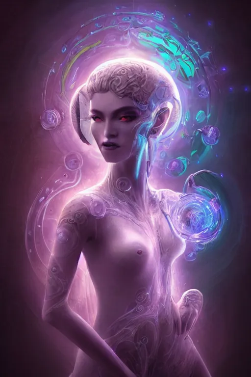 Prompt: a render of an ancient futuristic ethereal pixie with digital modifications surrounded by a underwater ink pour and flowing liquid gallium and complex sacred geometry, powerful, cinematic, beautifully lit, perfect face, by beeple, by artgerm, by karol bak, by brian froud, 3 d, trending on cgsociety, octane render, 8 k