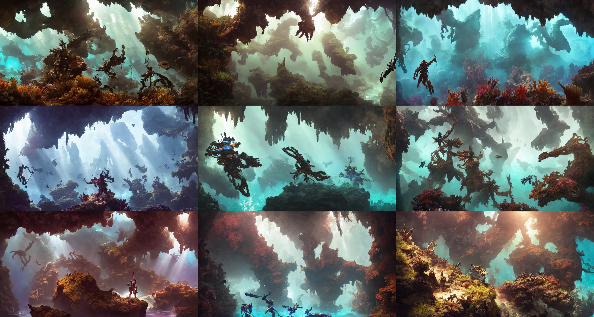 Prompt: cave divers exploring an underwater cave system in horizon zero dawn 2, rainbow corals, god rays, d & d, fantasy, intricate, elegant, highly detailed, digital painting, artstation, concept art, matte, sharp focus, illustration, hearthstone, art by bouguereau and greg rutkowski and ruan jia and conrad roset and bierstadt.