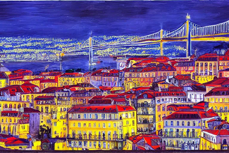 Image similar to lisbon city at night, art in the style of adriana molder