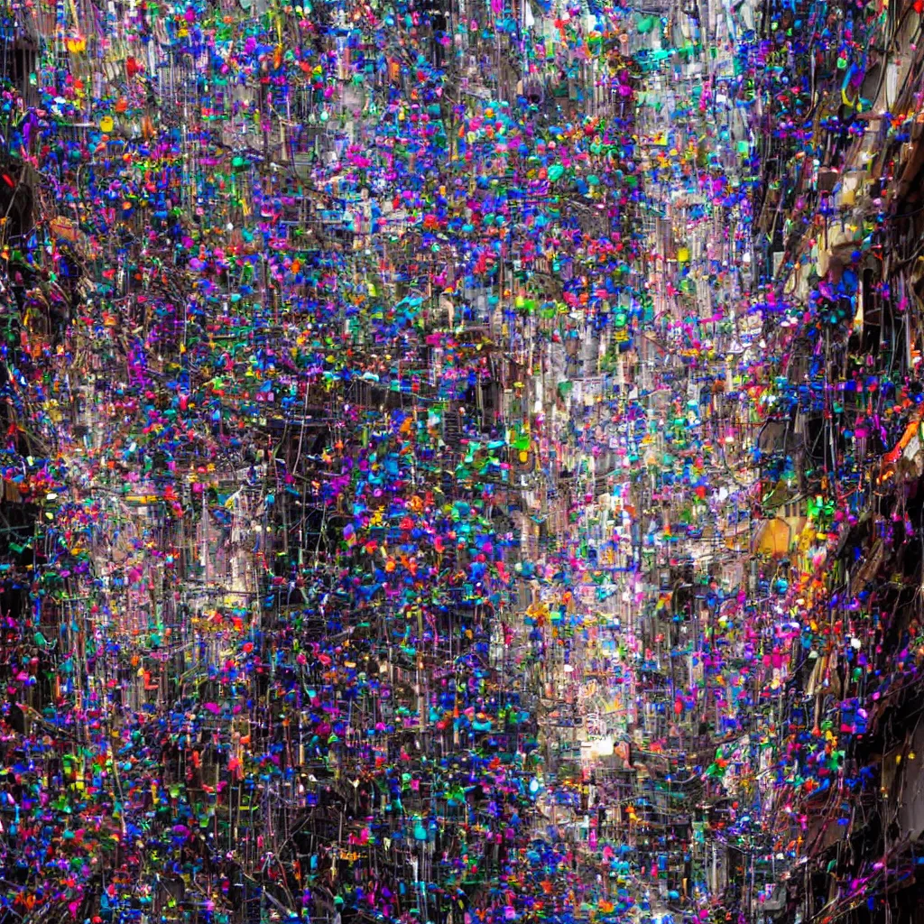 Prompt: a thin layer of microscopic multi-colored glitter twists and twirls in a light breeze above the narrow streets of a cyberpunk city