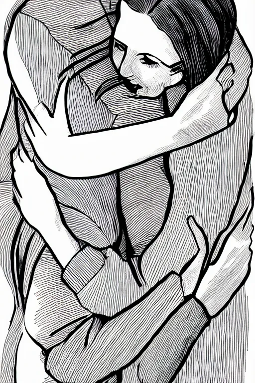 Image similar to graphic art illustration single line drawing of a hug