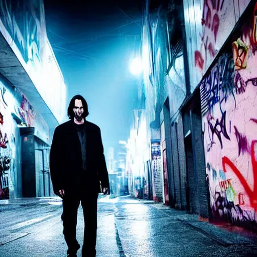 Image similar to Keanu Reeves walking on a cyberpunk street, dark glowing lights, fog, post-processing, graffiti, future cars