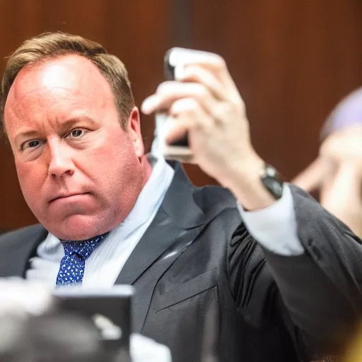 Prompt: Alex Jones desperately reaching for his out of reach phone in the courtroom, ((EOS 5DS R, ISO100, f/8, 1/125, 84mm, RAW, sharpen, unblur))