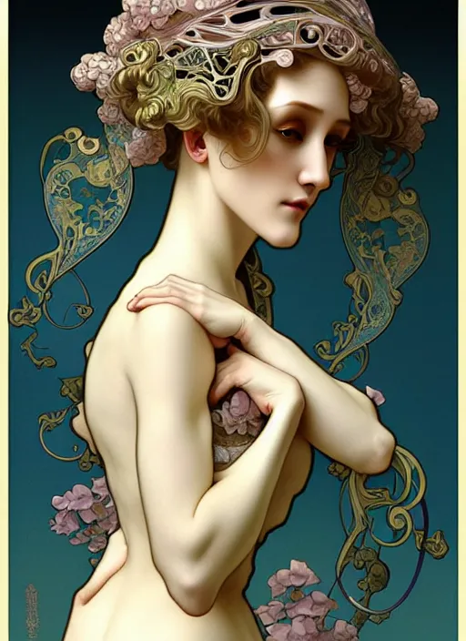 Prompt: squidward, rococo and art nouveau fusion, highly detailed, deep focus, elegant, digital painting, smooth, sharp focus, illustration, ultra realistic, japanese art by artgerm and alphonse mucha