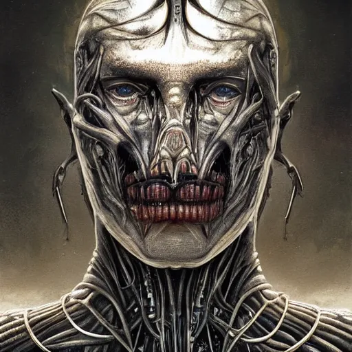 Prompt: surreal portrait by Greg Rutkowski and H.R Giger, symmetrical face, biomechanical transhuman god, disturbing, terrifying but fascinating, with a determined and sinister expression on his face, cosmic void background, frightening, fascinating, highly detailed portrait, digital painting, book cover, artstation, concept art, smooth, sharp foccus ilustration, Artstation HQ