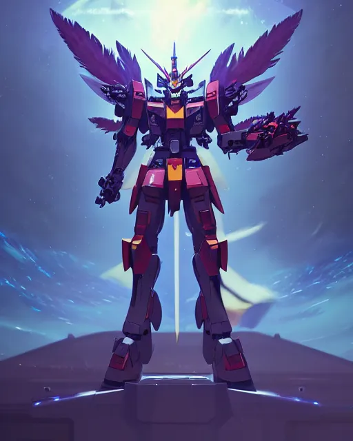 Image similar to highly detailed vfx portrait of an demonic gundam with wings of feathers beam saber fighting in space with a beam gun, unreal engine, greg rutkowski, loish, rhads, beeple, makoto shinkai and lois van baarle, ilya kuvshinov, rossdraws, tom bagshaw, alphonse mucha, global illumination, detailed and intricate environment