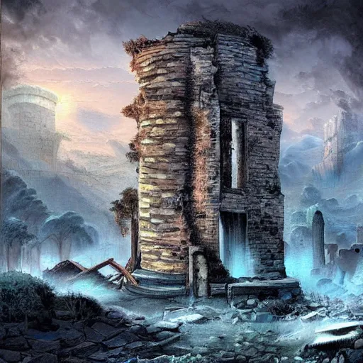 Prompt: a stunning painting of a a ruined village at the end of the world, digital art, hyper-detailed