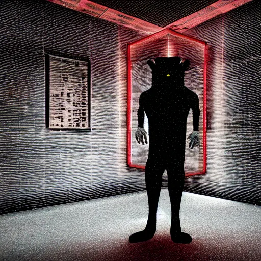 Image similar to cctv of an extremely dark empty room with glowing humanoid cryptid monster made out of static, dark deep black shadows, red and black color contrast in the style of trevor henderson and james ensor goya, liminal space, 3 d octane render, glitch effect