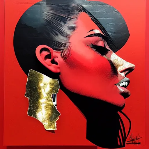 Prompt: portrait of red woman :: side profile :: in ocean :: guns and bullets :: metallic details :: gold :: blood and horror :: by marvel and Sandra Chevrier