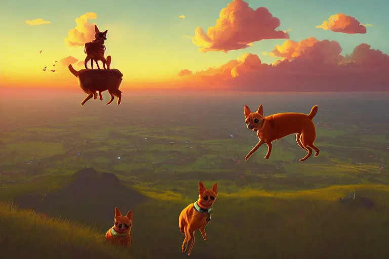 Image similar to Three chihuahuas on a flying carpet, flying in the sky, looking down on an English town, sunset, golden hour, cinematic lighting, epic scene, digital art painting by simon stalenhag