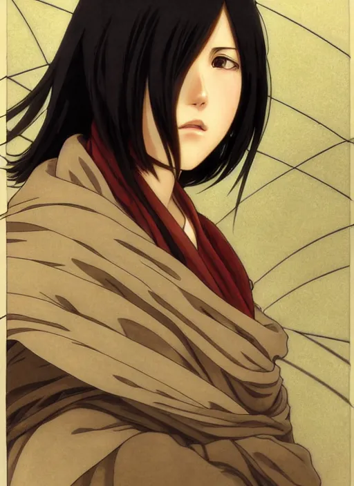 Image similar to portrait of mikasa ackerman aot, path traced, highly detailed, high quality, digital painting, by studio ghibli and alphonse mucha, leesha hannigan, hidari, art nouveau, chiho aoshima, posuka demizu