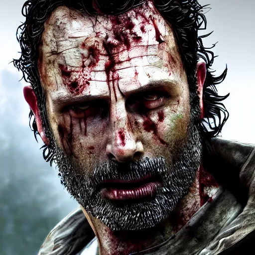 Image similar to rick grimes, the walking dead, zombiefied, head and shoulders shot, medieval, vivid colors, sharp focus, digital art, Hyper-realistic, 4K, Unreal Engine, Highly Detailed, HD, Dramatic Lighting by Brom, trending on Artstation