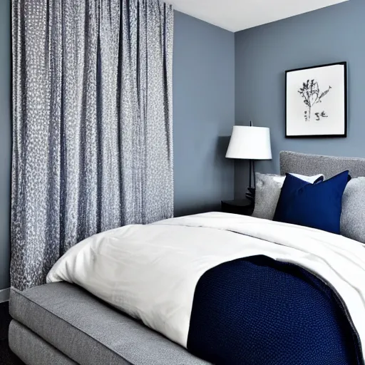 Image similar to designer photograph of minimalist bedroom, colors of blues and grey