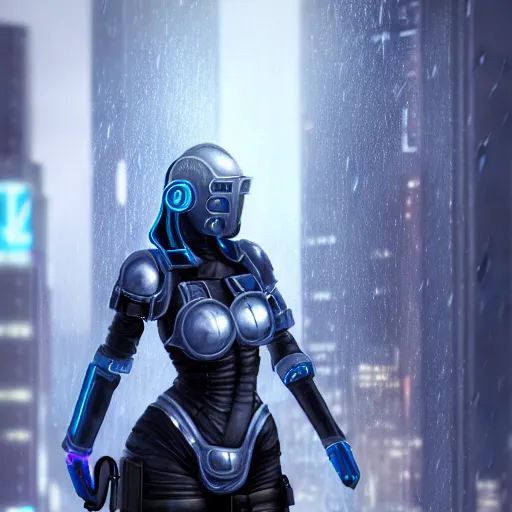 Prompt: An hyperrealistic portrait painting of a female cyberpunk armor warrrior, no face mask, blue and ice silver color armor, cyberpunk feel raining at tokyo midnight rooftop, unreal 5, DAZ, 8k, hyperrealistic, octane render, cosplay, RPG portrait, final fantasy artwork concept, dramatic lighting, rim lights, PS5 render quality