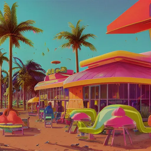 Image similar to psychedelic beachfront fast food restaurant with palm trees by simon stalenhag