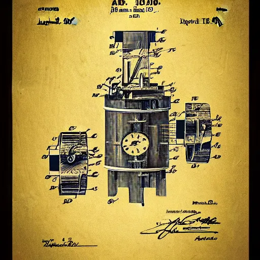 Prompt: a patent poster for a goldberg time machine.