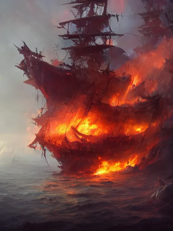 Image similar to photo of 8k ultra realistic pirate ghost ship on fire, full of colour, cinematic lighting, battered, trending on artstation, 4k, hyperrealistic, focused, extreme details,unreal engine 5, cinematic, masterpiece, art by Peter Mohrbacher