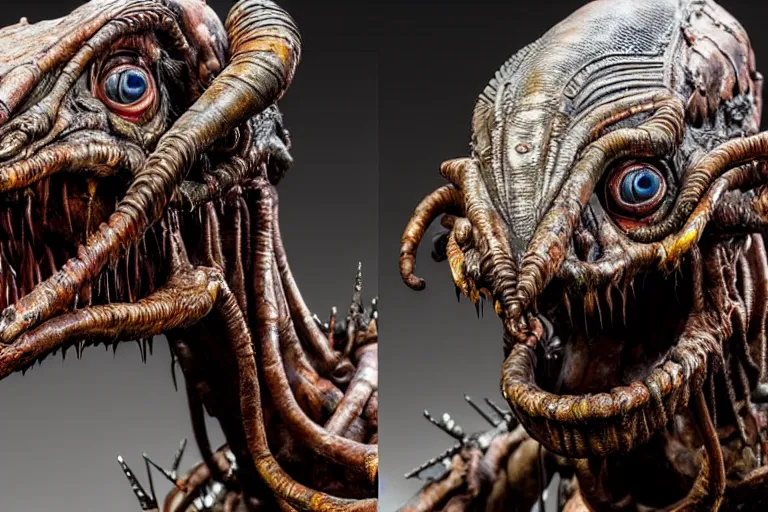 Prompt: photo taken of an epic intricate, ultra detailed, super realistic gritty, hero prop, exquisitely weathered animatronic movie prop of a lifelike sculpture of a nightmarish hellish alien creature displayed in the workshop, created by weta workshop, full body shot, photorealistic, sharp focus