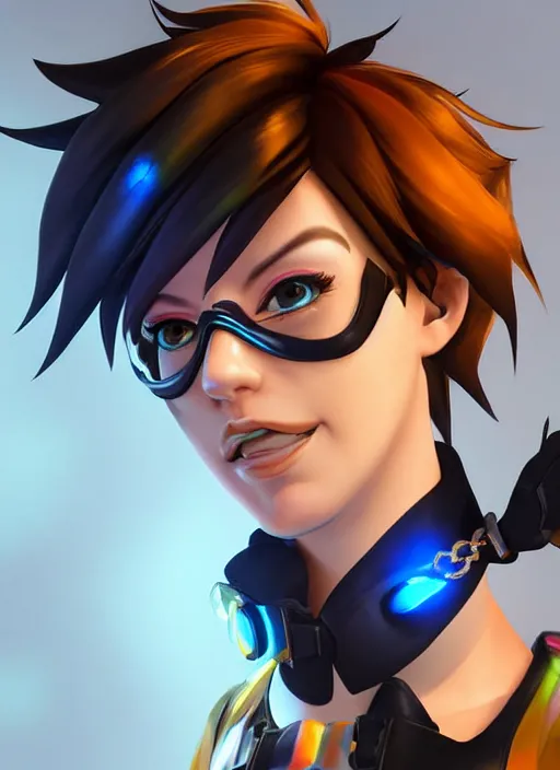 Image similar to portrait bust digital artwork of tracer overwatch, wearing black iridescent rainbow latex tank top, 4 k, expressive happy smug expression, makeup, in style of mark arian, angel wings, wearing detailed black leather collar, chains, black leather harness, detailed face and eyes,