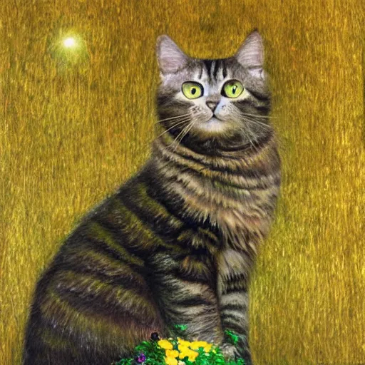 Image similar to portrait of a very fluffy dark tabby cat with green eyes, starlight, full body, smiling cat, golden colors, flowers, canned cat food, intricate, elegant, highly detailed, smooth, sharp focus, illustration, art by gustav klimt