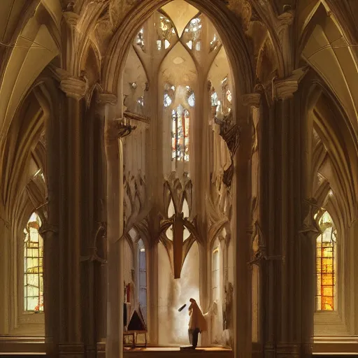 Image similar to angel protecting man who is praying inside a gothic church by Stanley Artgerm Lau, WLOP, Rossdraws, James Jean, Andrei Riabovitchev, Marc Simonetti, Yoshitaka Amano, ArtStation, CGSociety