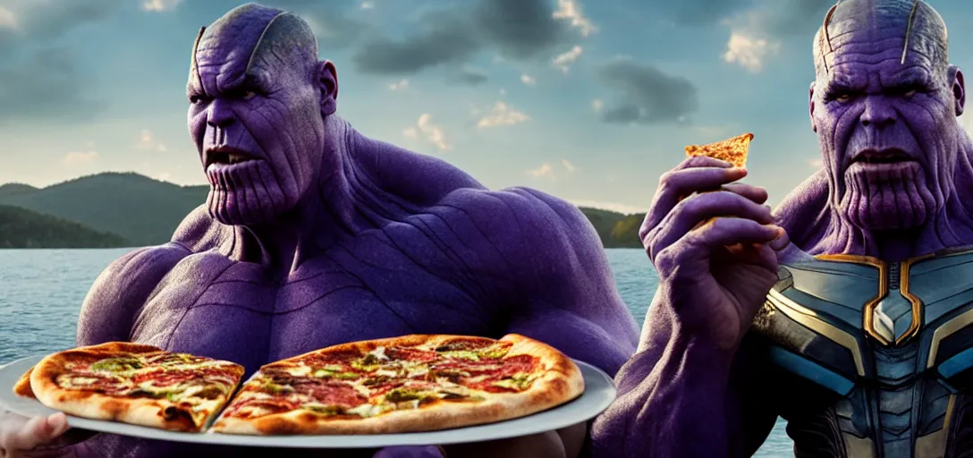 Image similar to a very high resolution image from a new movie. thanos eating pizza on a lake, photorealistic, photography, directed by wes anderson