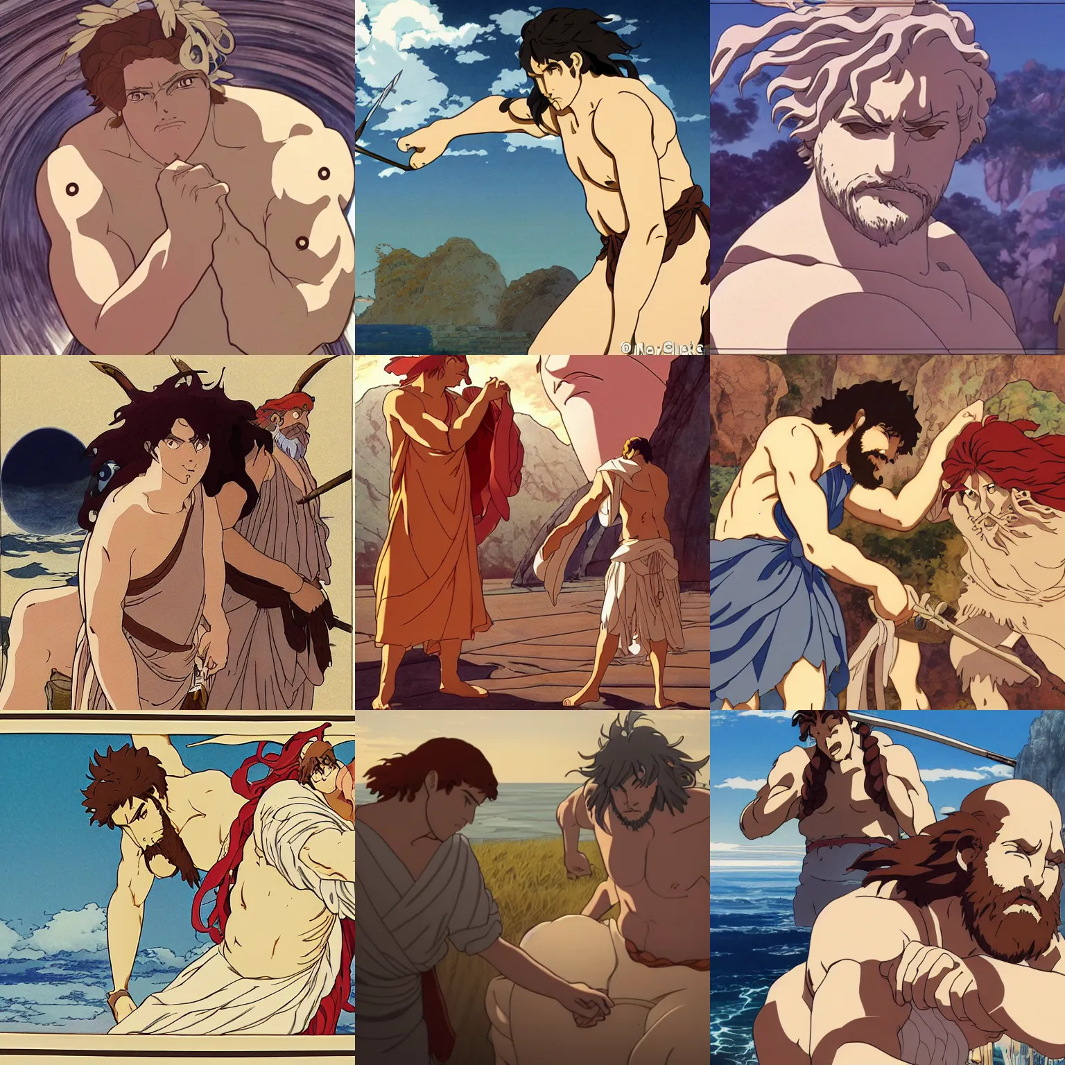Prompt: Odysseus blinds Polyphemus, classical mythology, defined facial features, highly detailed, animation cel, official Kyoto Animation and Studio Ghibli anime screenshot, by Makoto Shinkai and Alphonse Mucha