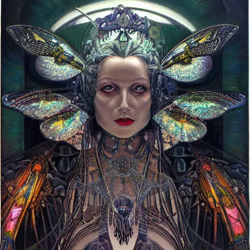 Prompt: beautiful closeup portrait of an art deco witch, glowing eyes. reflective detailed textures, moth wings, highly detailed dark fantasy science fiction painting by donato giancola and diego rivera, elaborate geometric ornament, ancient runes, silver and cool colors. artstation