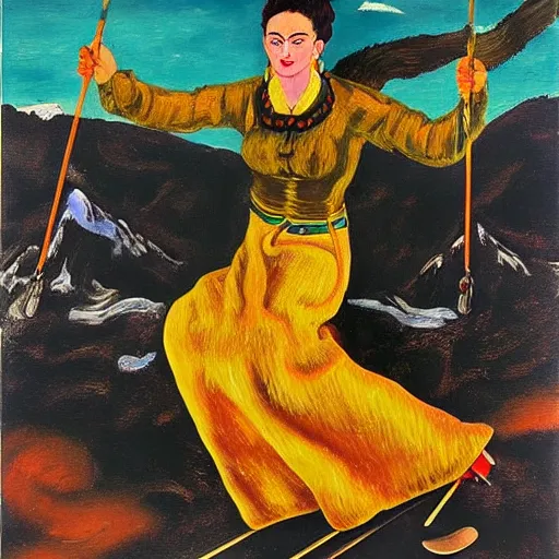 Prompt: oil painting of Frida kahlo skiing down mount Everest with Salvador Dali, in the style of van Gogh