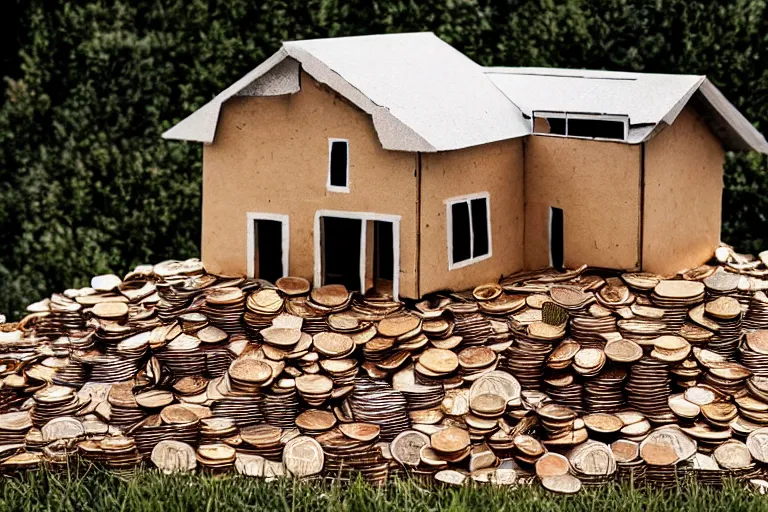 Image similar to a house, under construction, made of money, with piles of coins around it