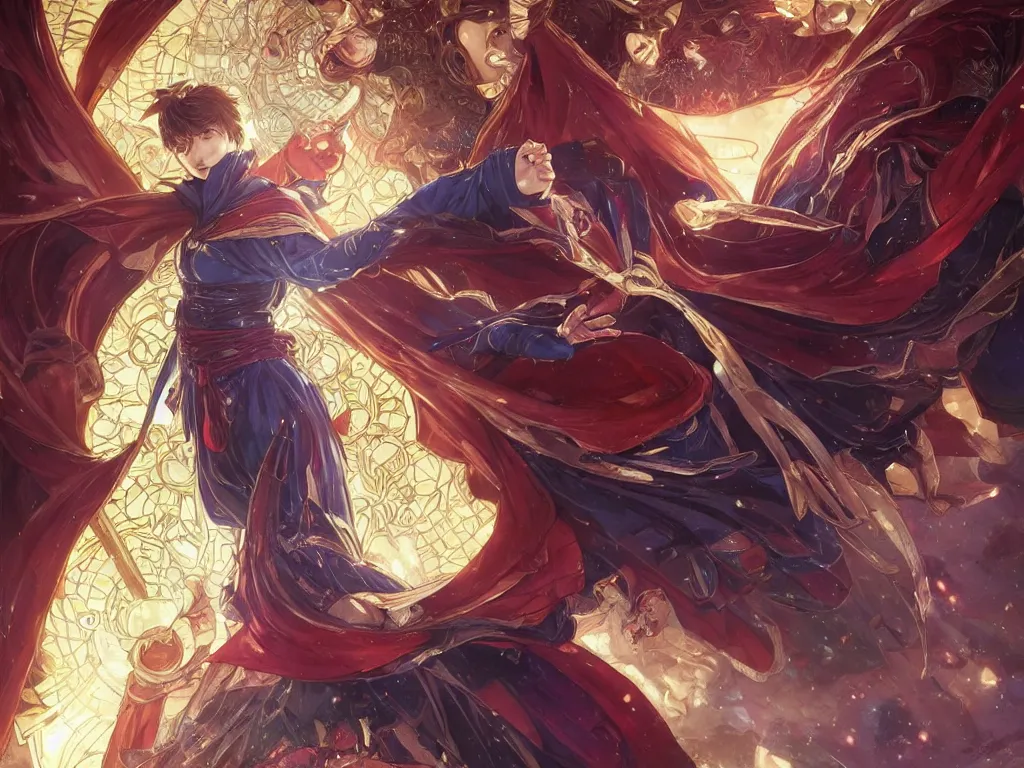 Image similar to anime key visual of one beautiful female doctor strange, marvel comics, spells, magic, intricate, inside magical temple stunning, highly detailed, digital painting, artstation, smooth, hard focus, illustration, art by artgerm and greg rutkowski and alphonse mucha